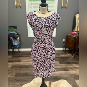 BODEN Floral Ditzy Print Dress Sz 6 Short Sleeve Knit Pockets Stretch Blue Red